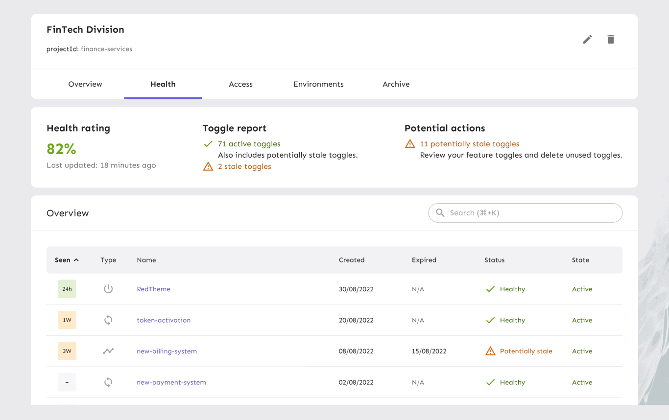 Three UI elements describing the health rating of the project. The first card has info on the project, including its name. The second is the &quot;report card&quot;, containing the project&#39;s overall health rating, a toggle report, and potential actions. The last card is a list of all the project&#39;s toggles with data on when it was last seen, when it was created, when it expired, its status and a report.